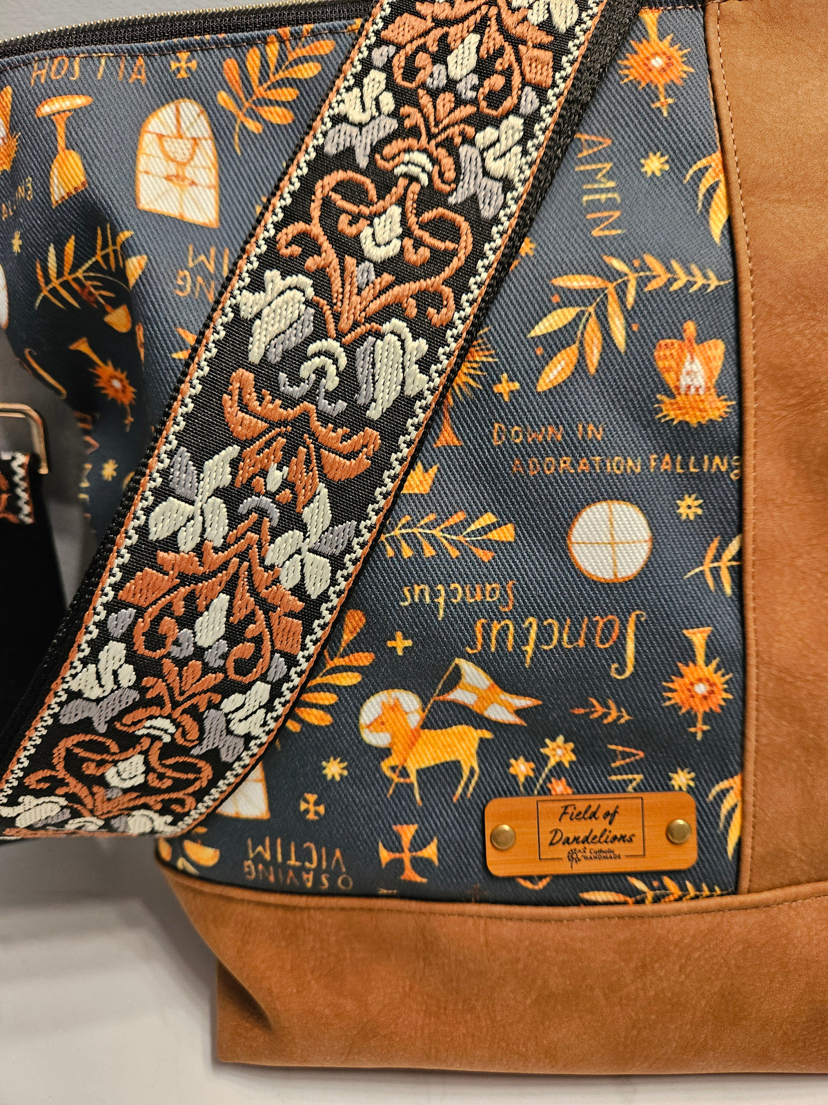 Crossbody purse with Latin prayers and Eucharistic Adoration symbols Catholic fabric bag