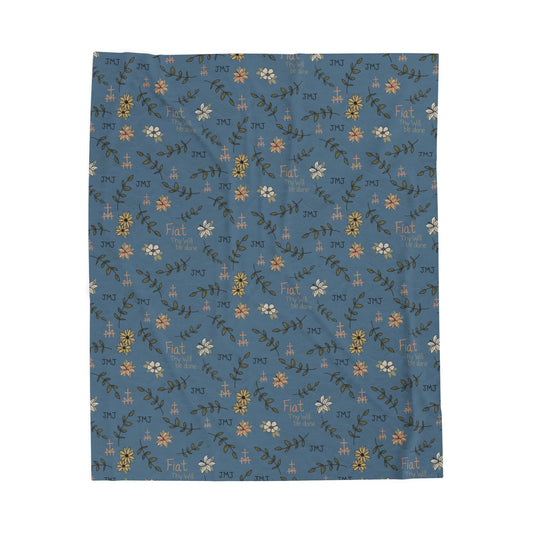 Dusty Blue Fiat Thy Will be Done Simple Cozy Floral Velveteen Plush Blanket | Soft Throw for Home Decor, Gifts, Nursery, Relaxation, or Baby Showers