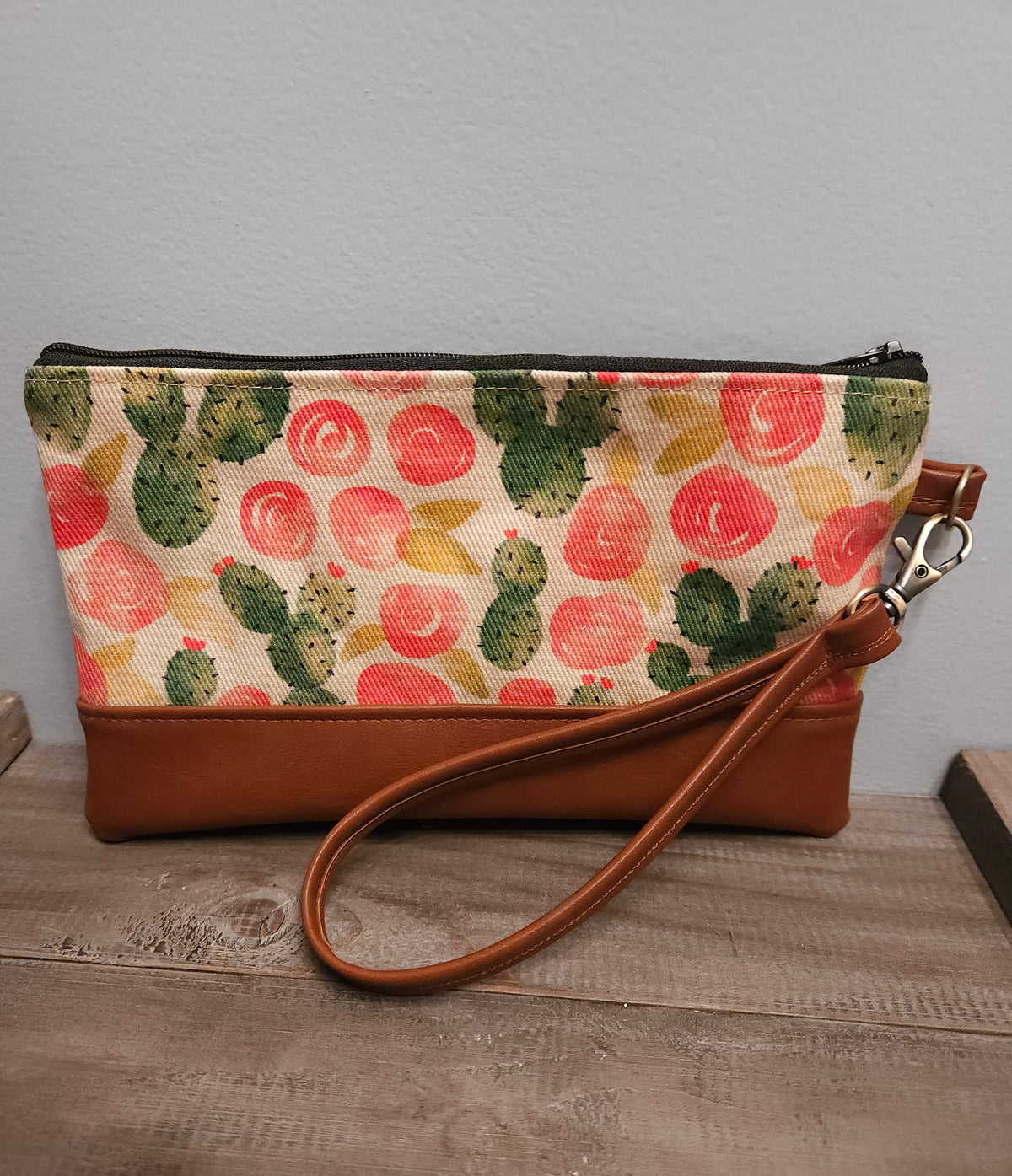 Faux Leather Our Lady of Guadalupe clutch with wristlet Cacti and Roses
