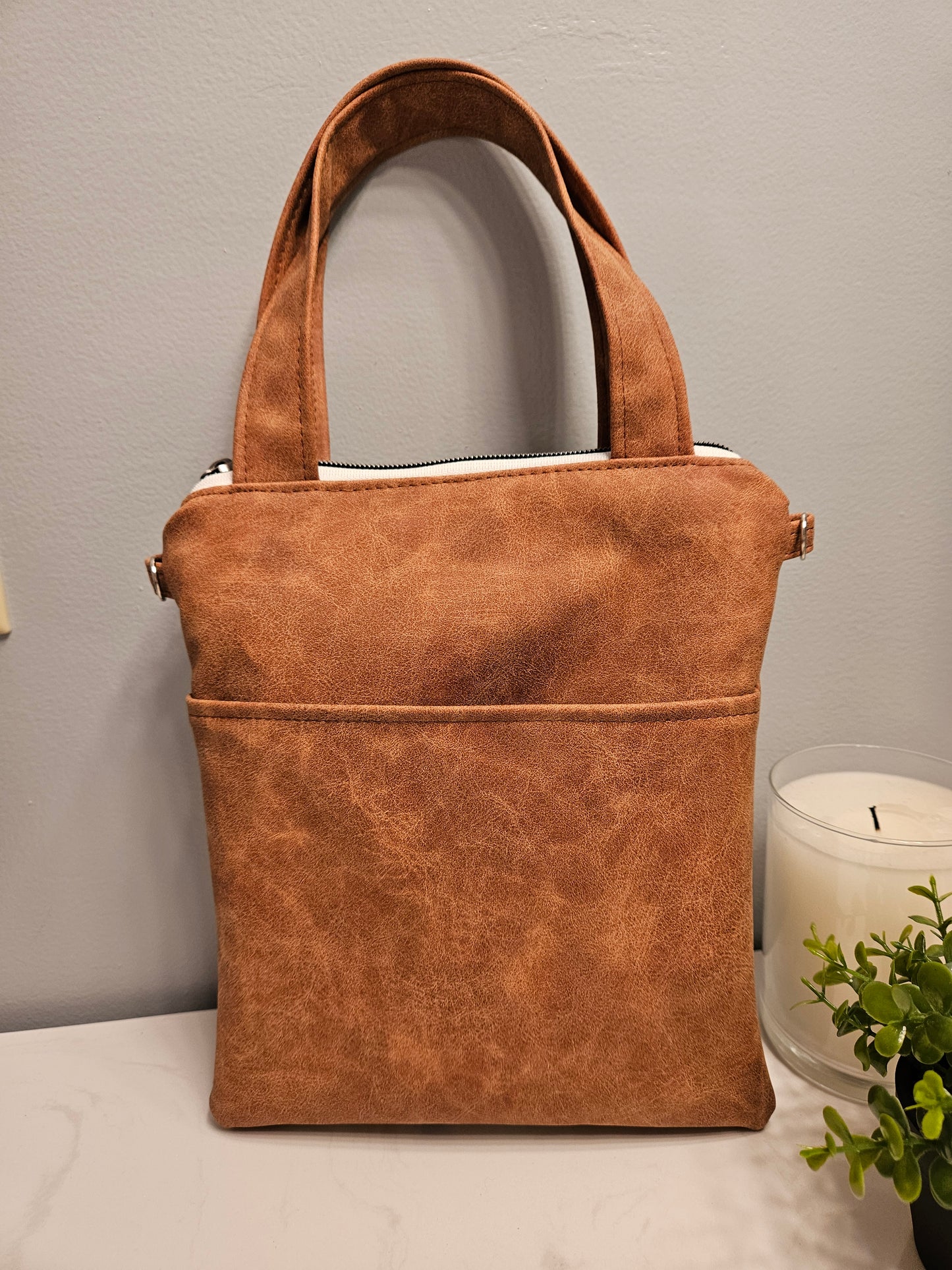 Hidden Rosary faux leather handled purse with Catholic fabric