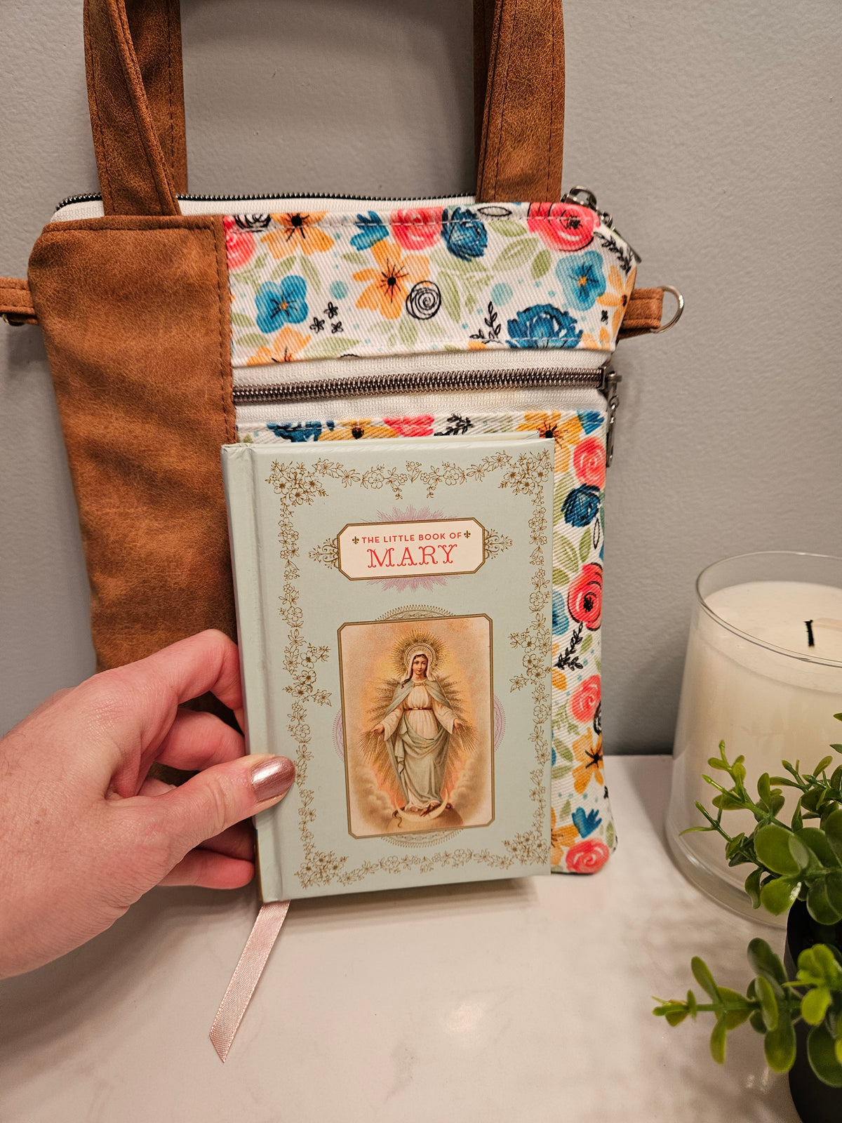 Hidden Rosary faux leather handled purse with Catholic fabric