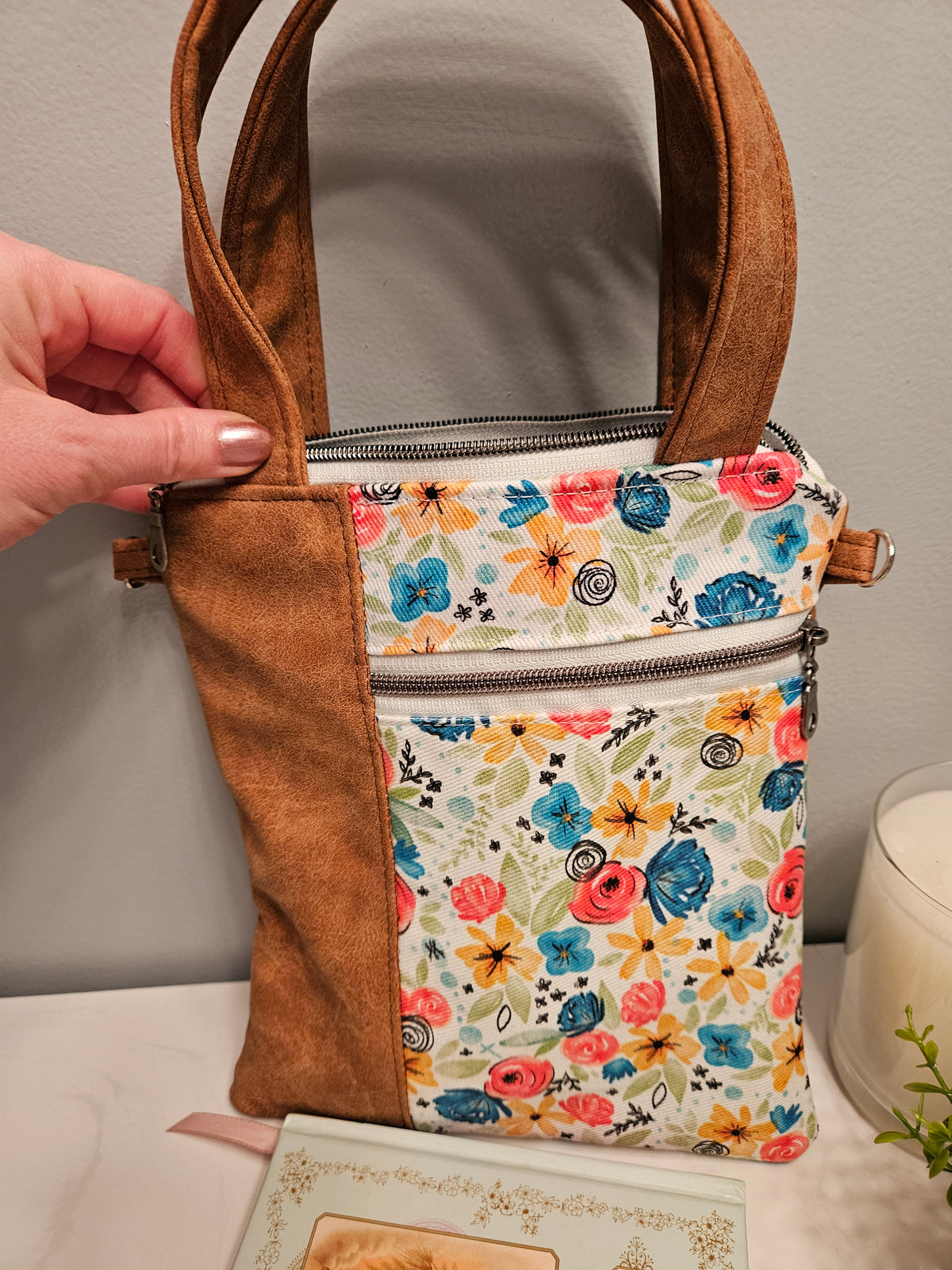 Hidden Rosary faux leather handled purse with Catholic fabric