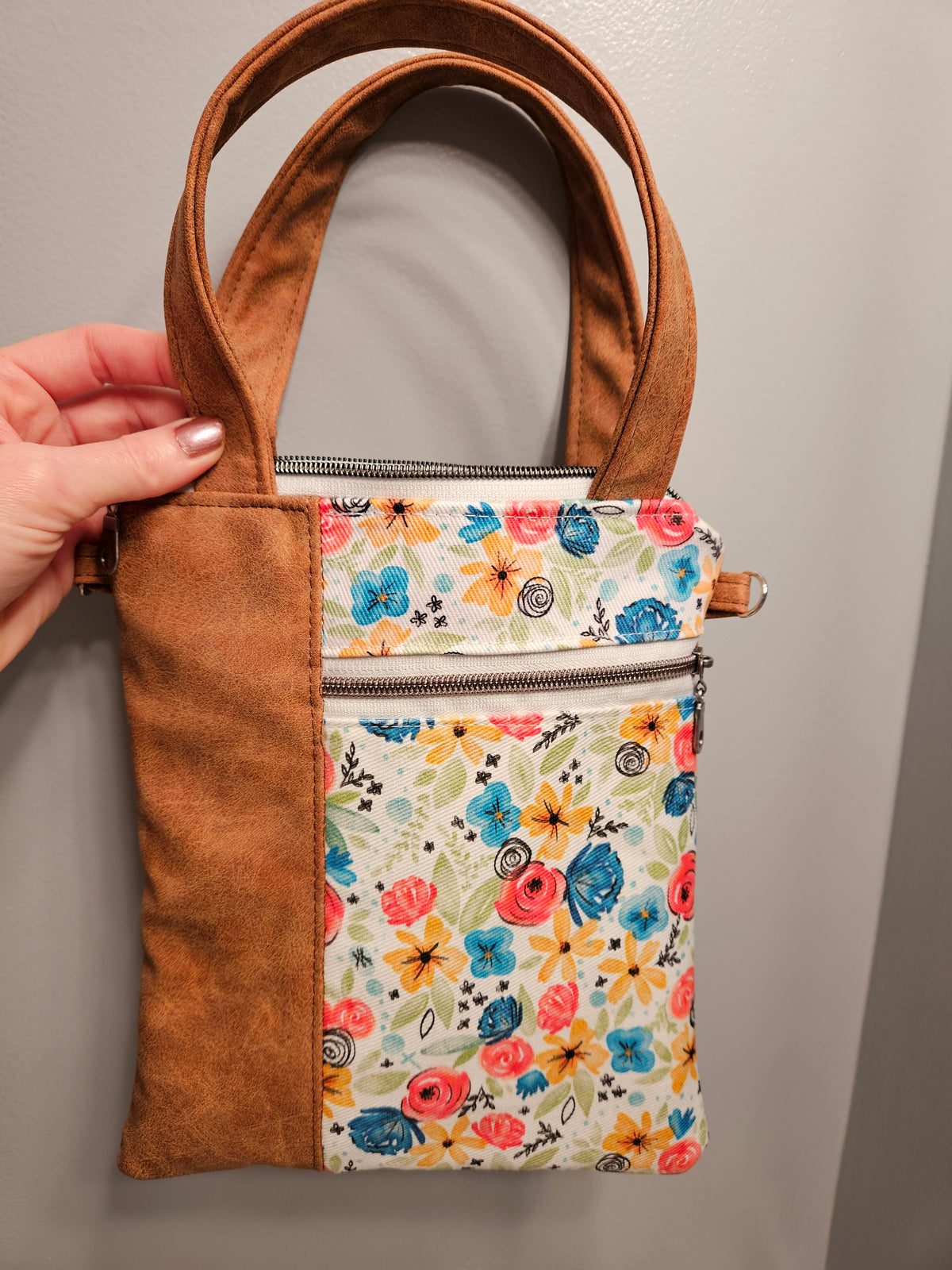 Hidden Rosary faux leather handled purse with Catholic fabric