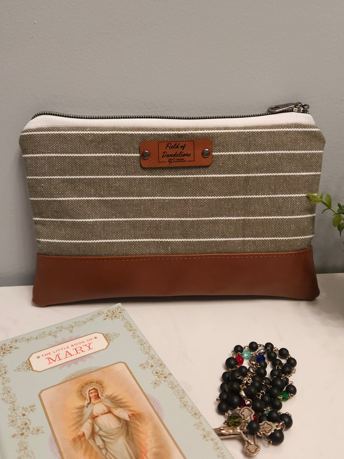 Neutral green veil pouch clutch with Sacred Heart of Jesus Catholic fabric