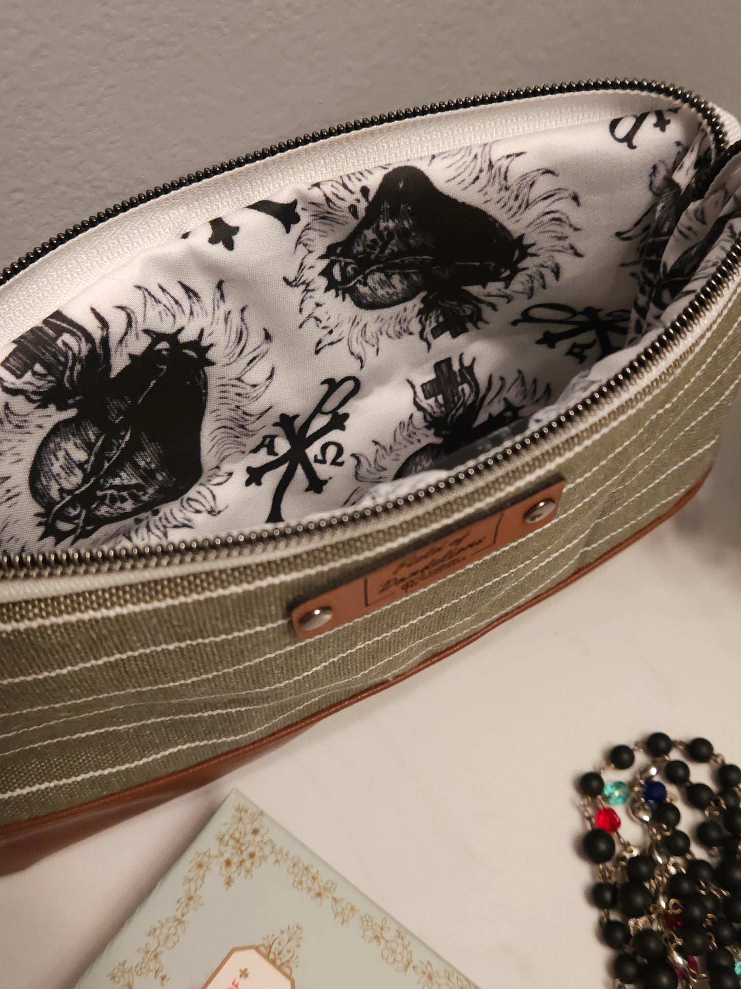 Neutral green veil pouch clutch with Sacred Heart of Jesus Catholic fabric