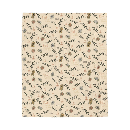 Creamy Fiat Simple Floral Velveteen Plush Blanket | Soft Throw for Home Decor, Gifts, Nursery, Baptism, or Baby Showers Religious gift