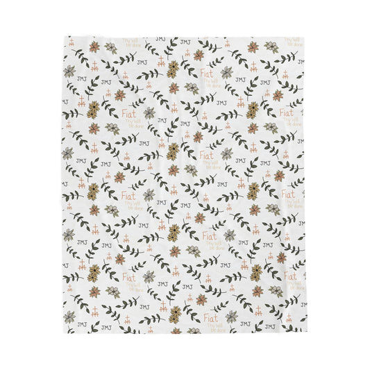 White Fiat Thy Will be Done Simple Cozy Floral Velveteen Plush Blanket | Soft Throw for Home Decor, Gifts, Nursery, Relaxation, or Baby Showers