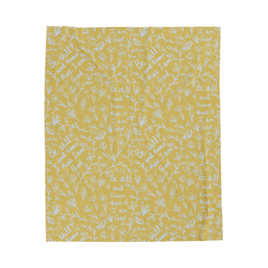 Yellow Be Still and Know that I Am God Cozy Floral Velveteen Plush Blanket | Soft Throw for Home Decor, Gifts, Nursery, Baptism, or Baby Showers