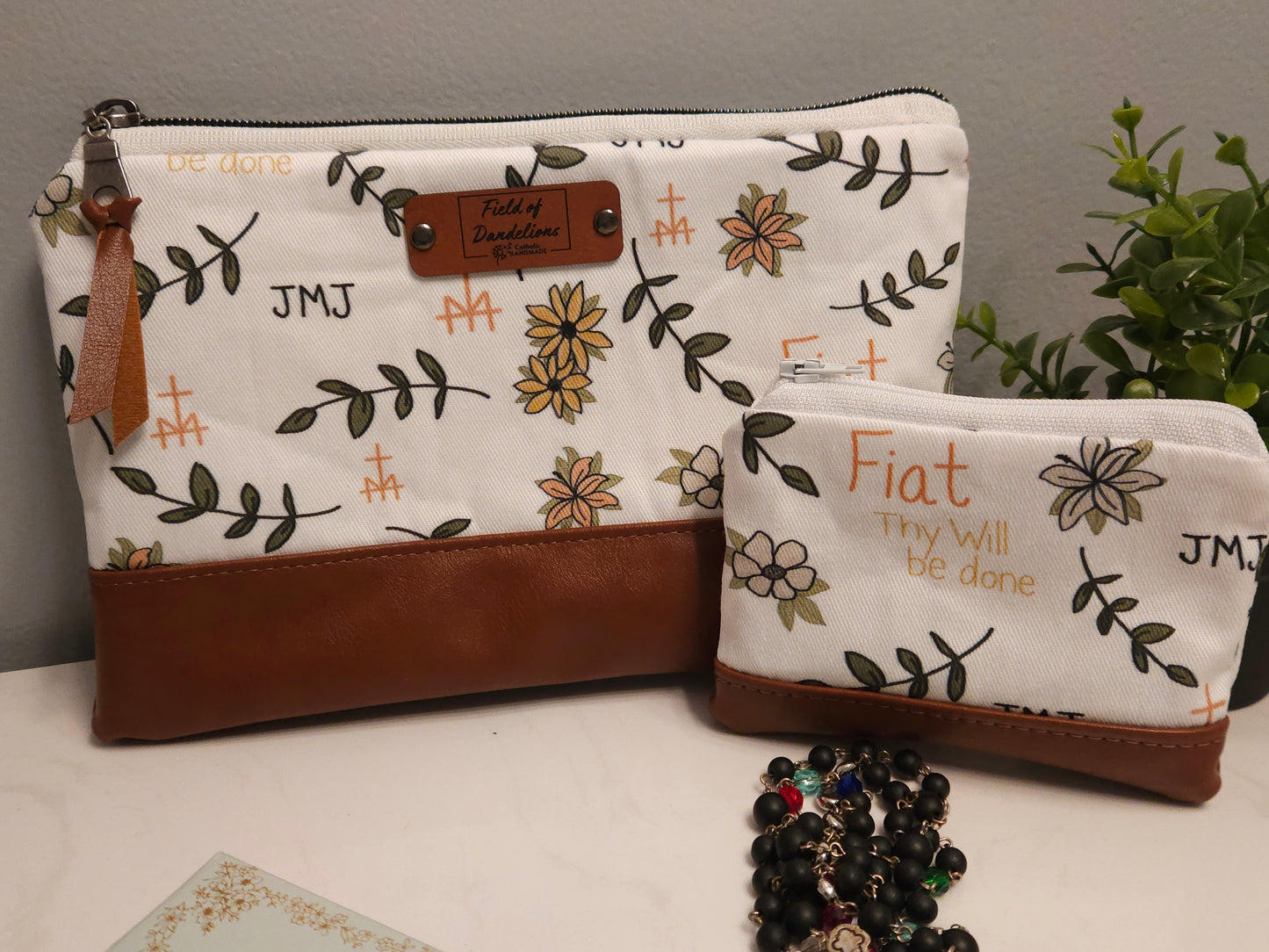 Fiat White Carry-all clutch with St. Joseph's lily Catholic handmade gift