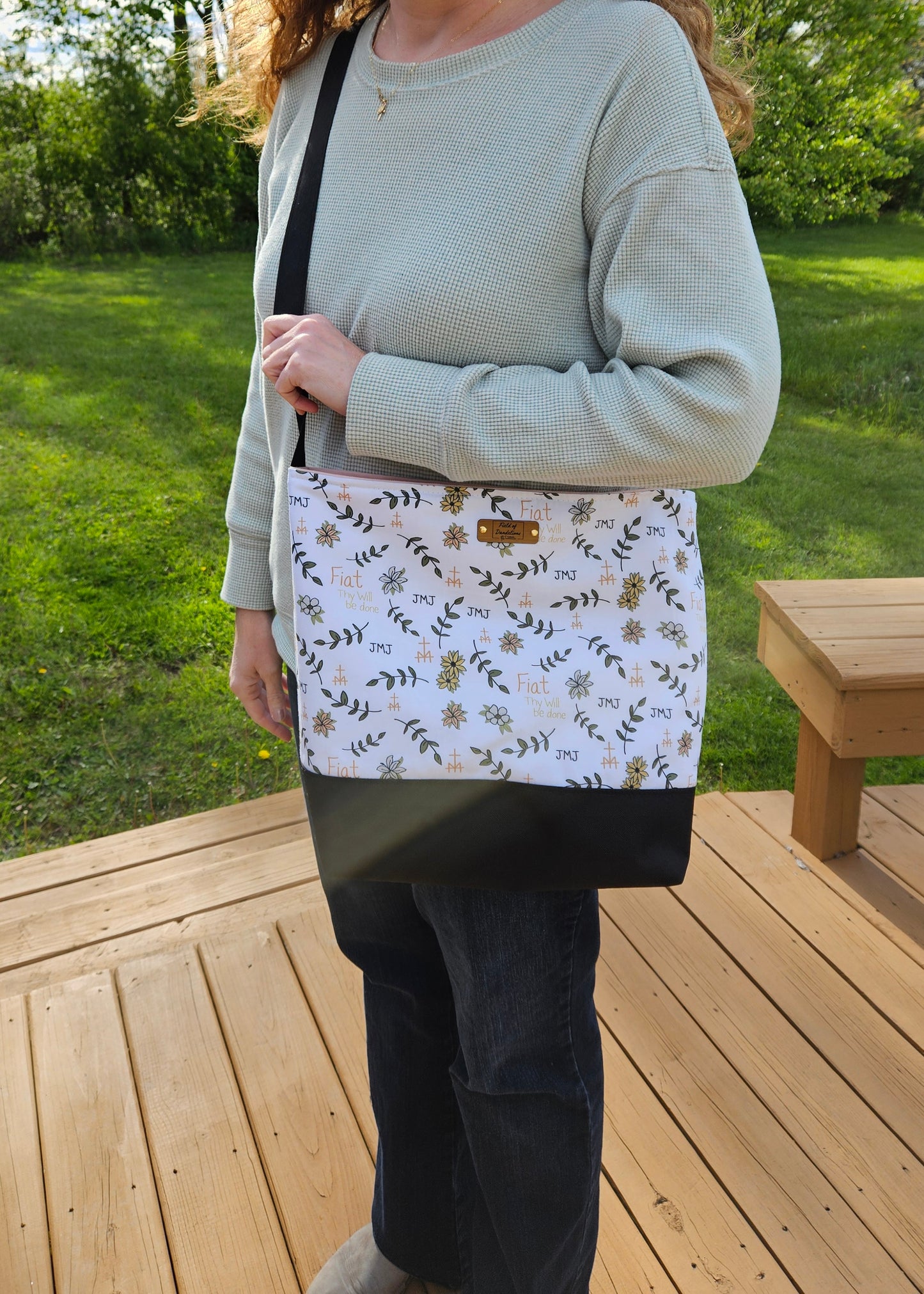 Fiat Thy Will be Done White Crossbody Tote bag Catholic handmade purse