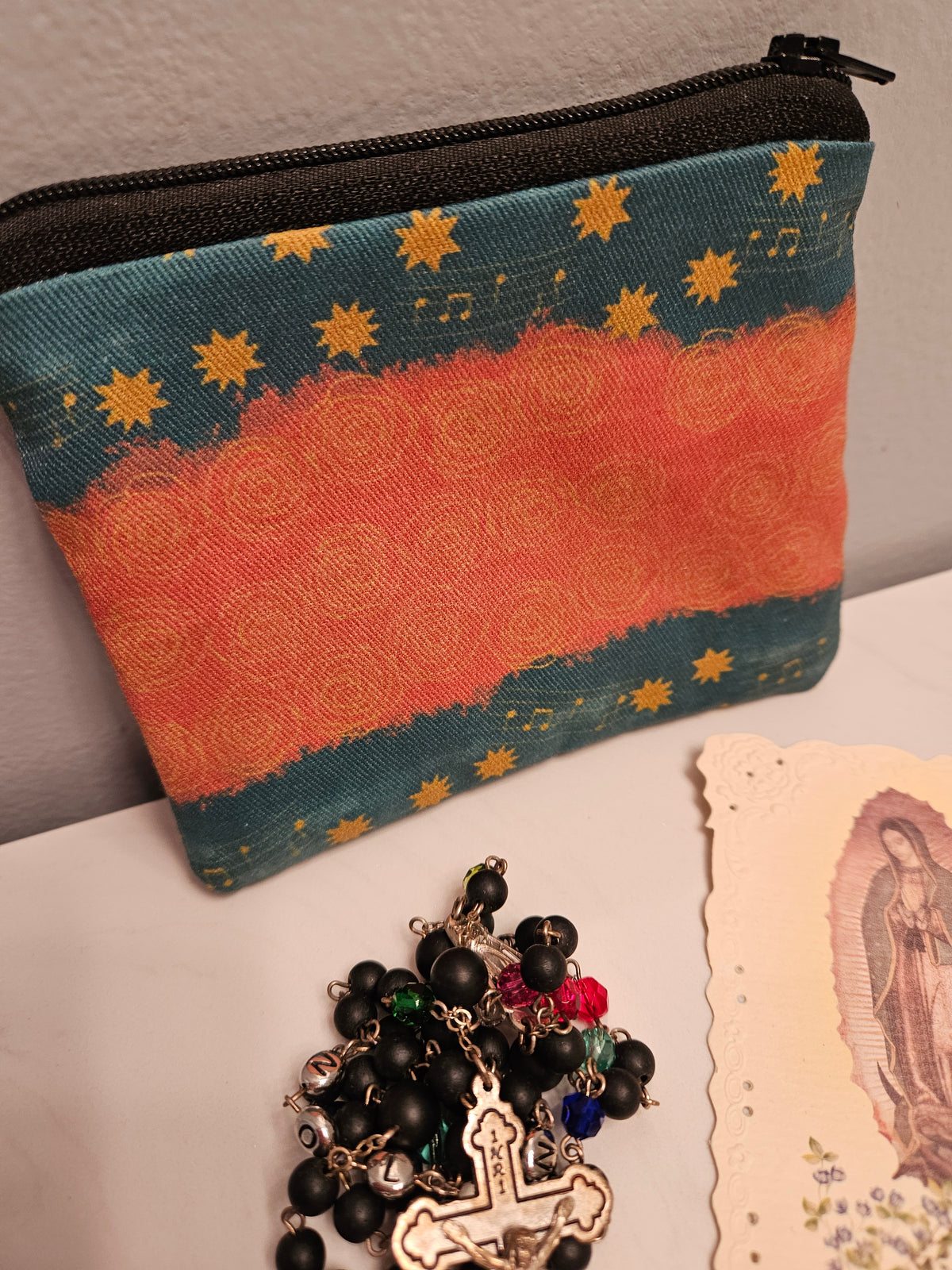 Our Lady of Guadalupe zippered rosary pouch or card pouch Music and stars on mantle