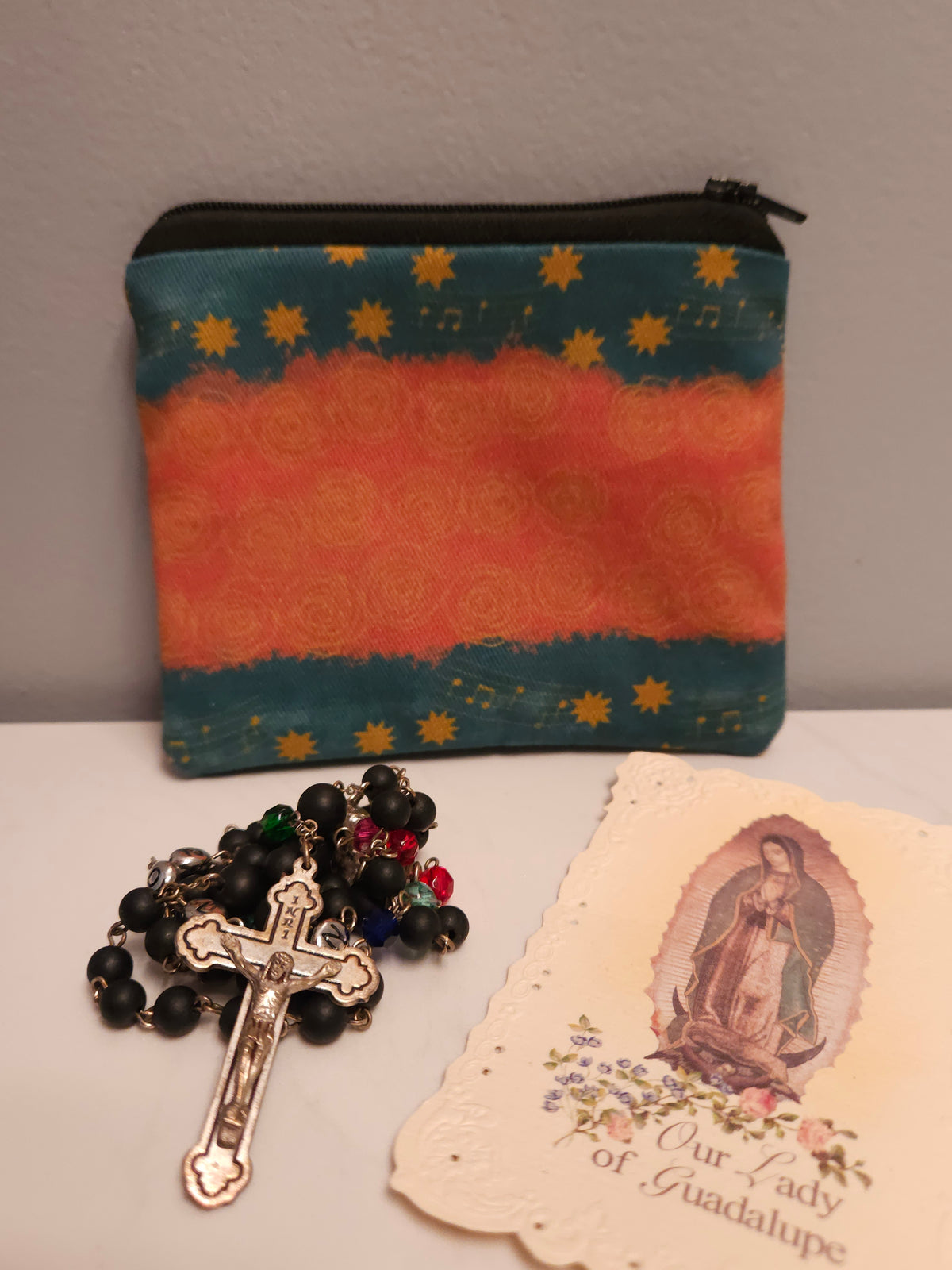 Our Lady of Guadalupe zippered rosary pouch or card pouch Music and stars on mantle
