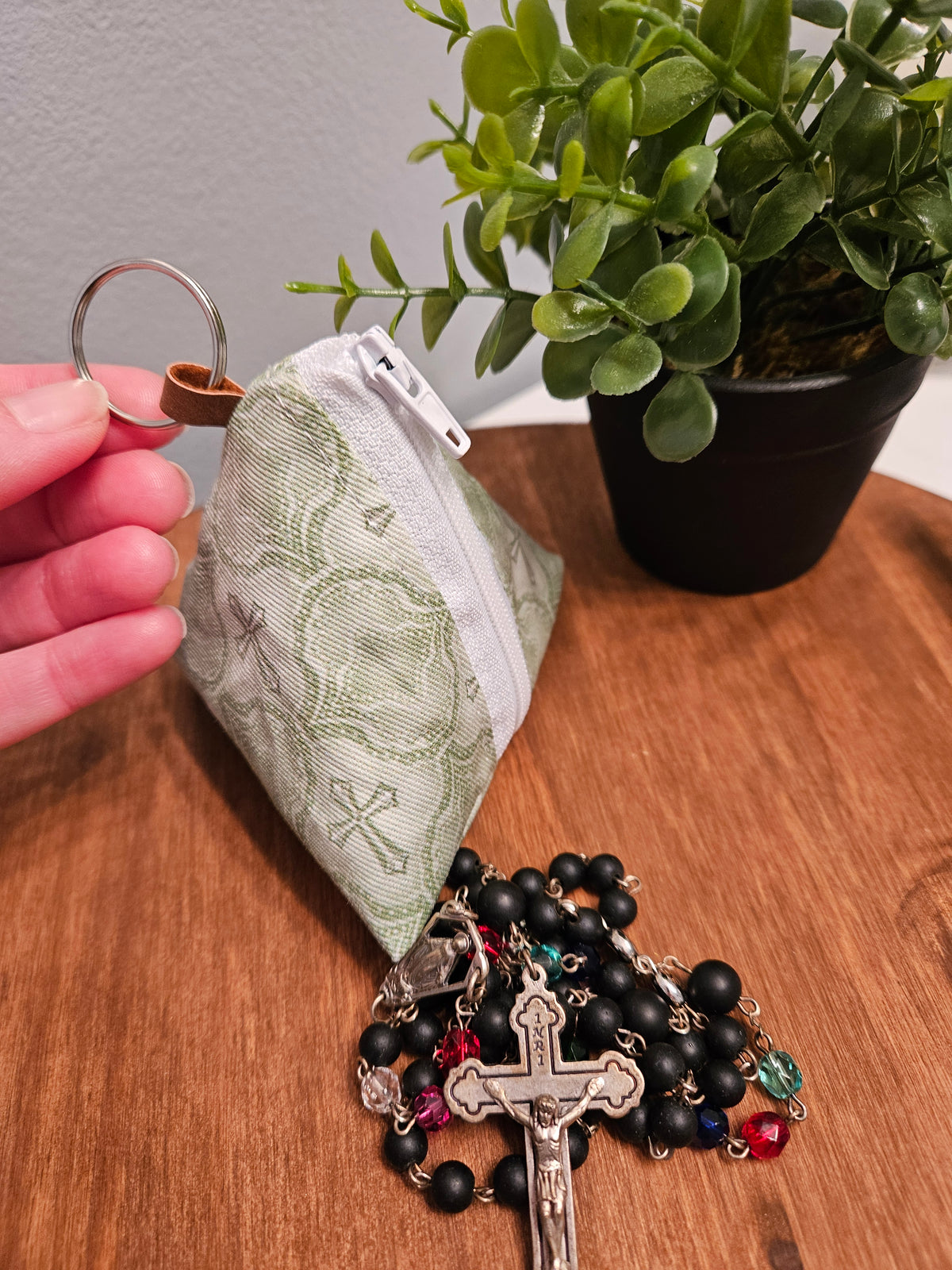 Triangle Rosary/Earbud cases featuring Catholic fabric in Marian symbols