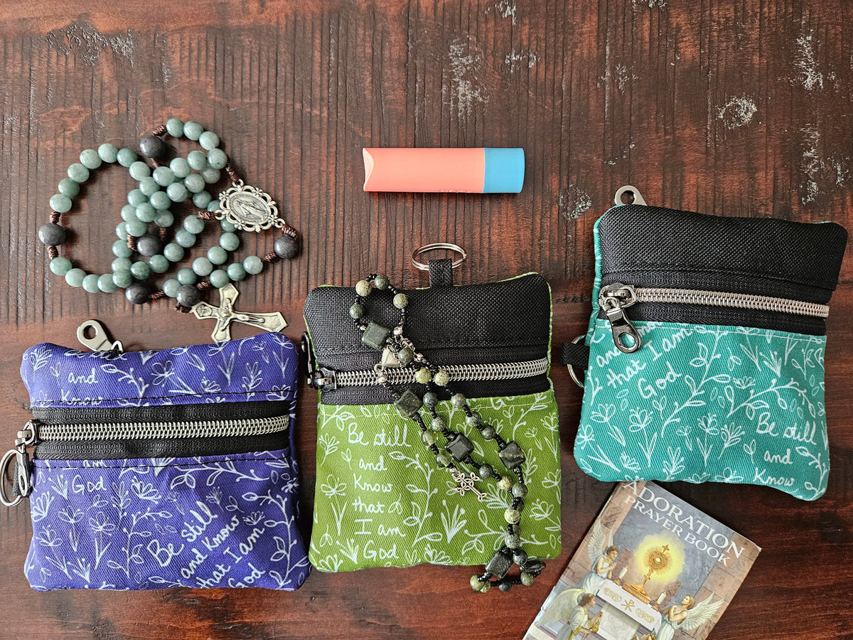 Be Still and Know that I am God small pouches- Double-sided zipper pouch and boxy pouches with keyring Christian Catholic fabric pouch