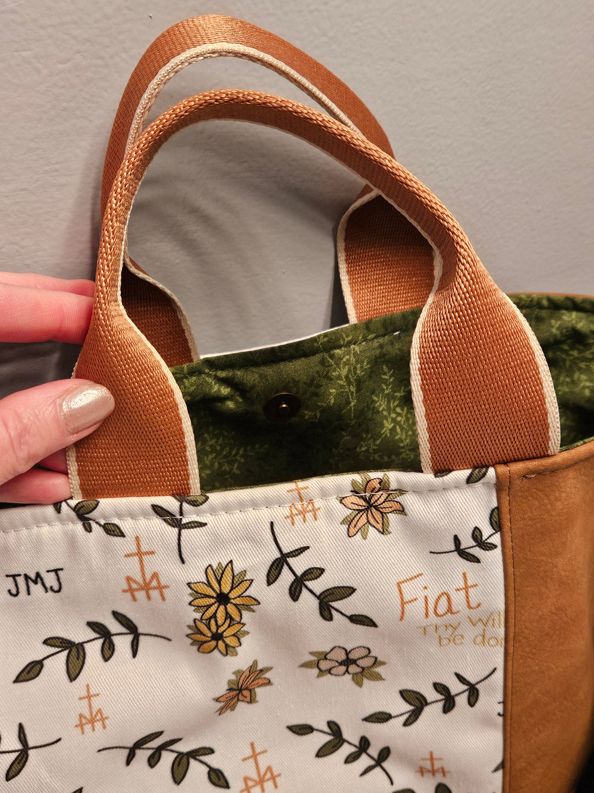 Fiat Crossbody Tote with handles White Catholic fabric handmade