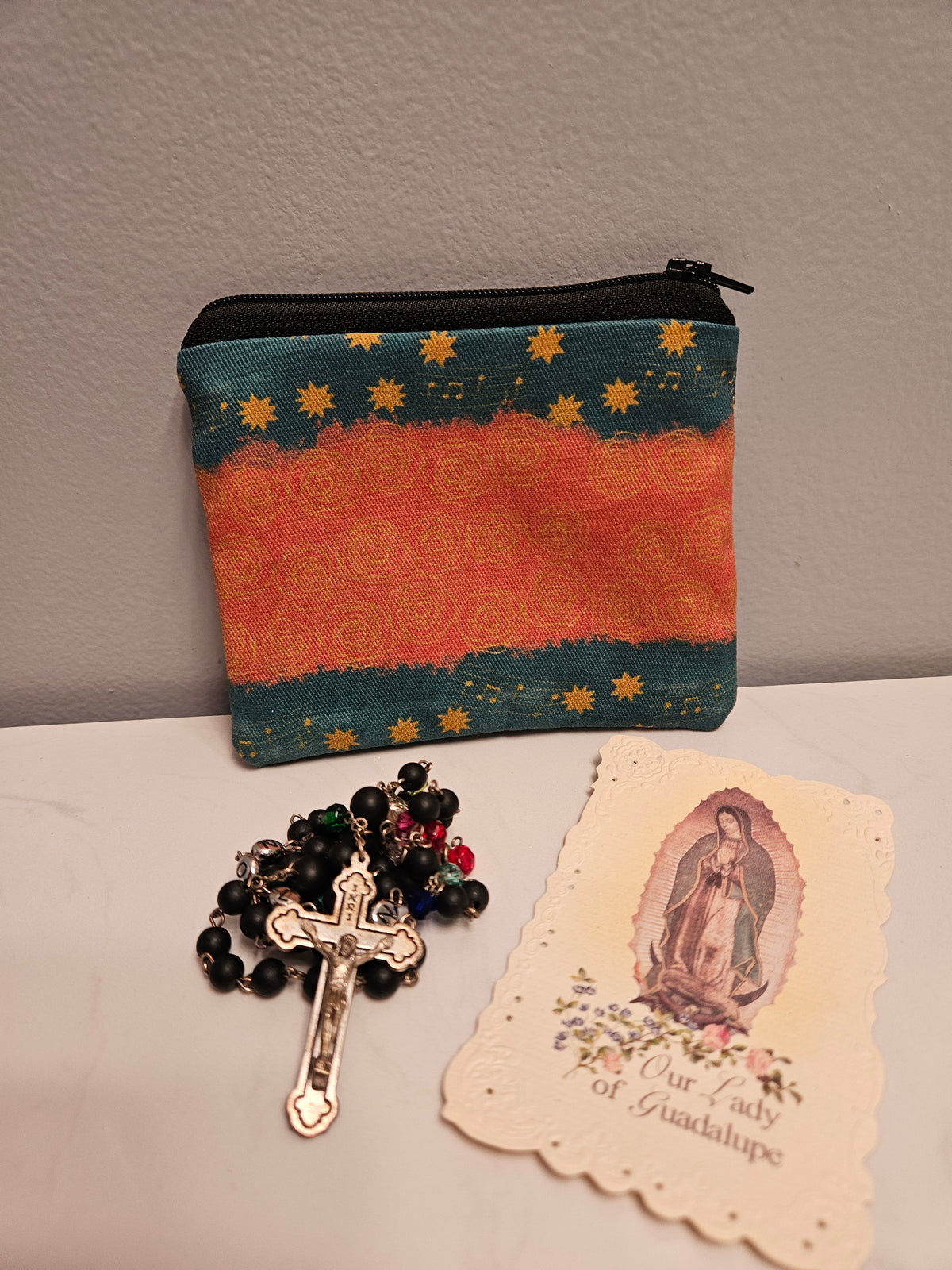 Our Lady of Guadalupe zippered rosary pouch or card pouch Music and stars on mantle