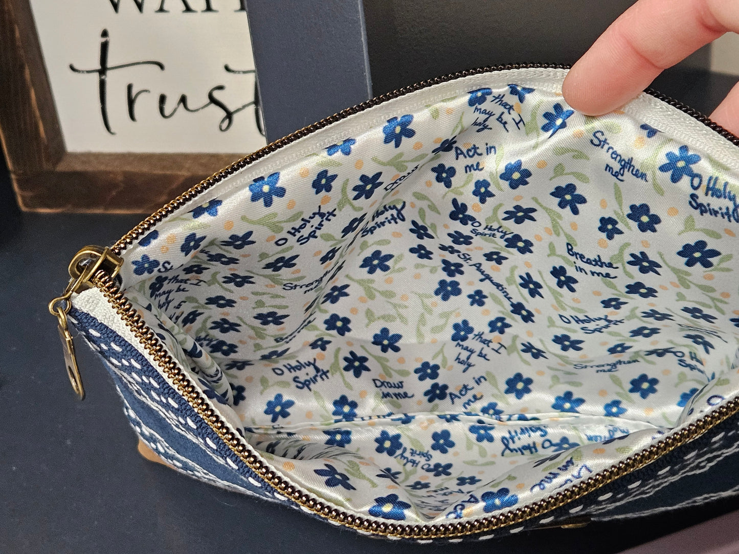 Navy Breathe in Me O Holy Spirit embroidered carry-all clutch veil pouch Catholic handmade