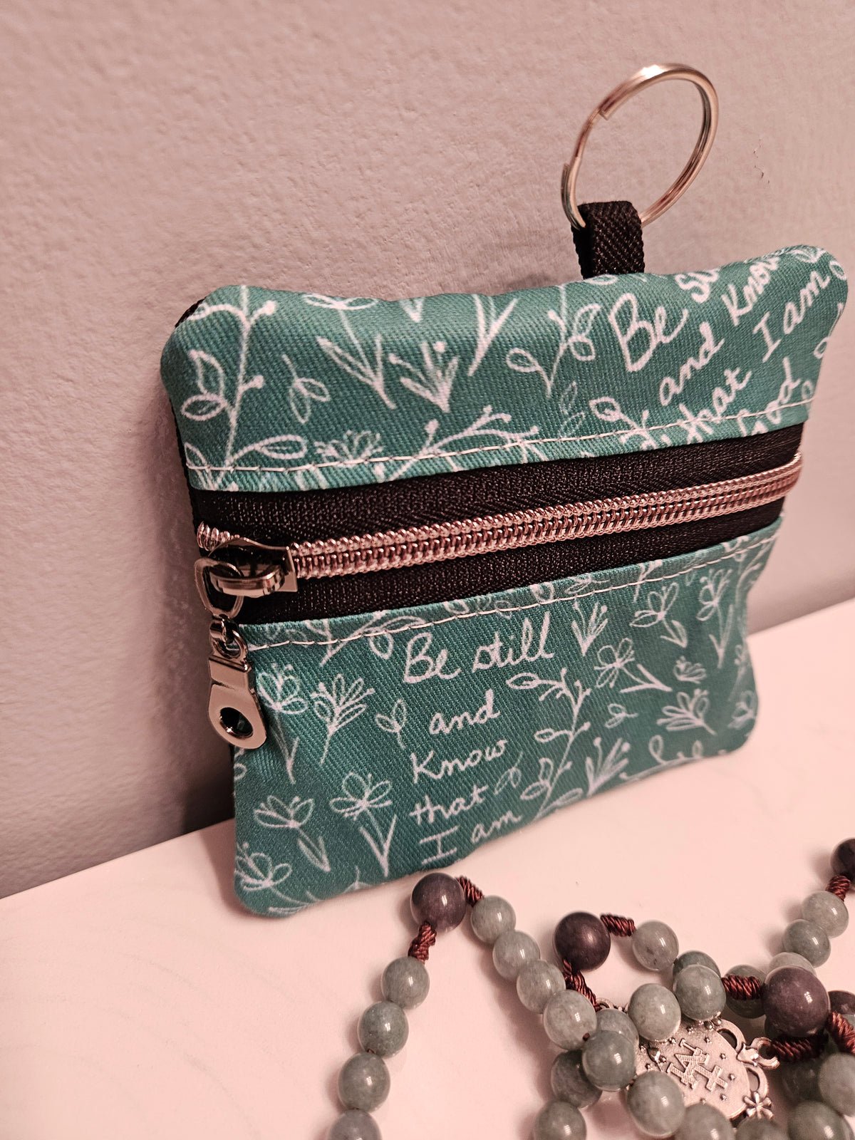Be Still and Know that I am God small pouches- Double-sided zipper pouch and boxy pouches with keyring Christian Catholic fabric pouch
