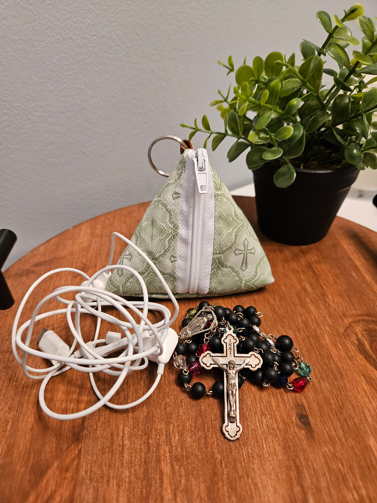 Triangle Rosary/Earbud cases featuring Catholic fabric in Marian symbols