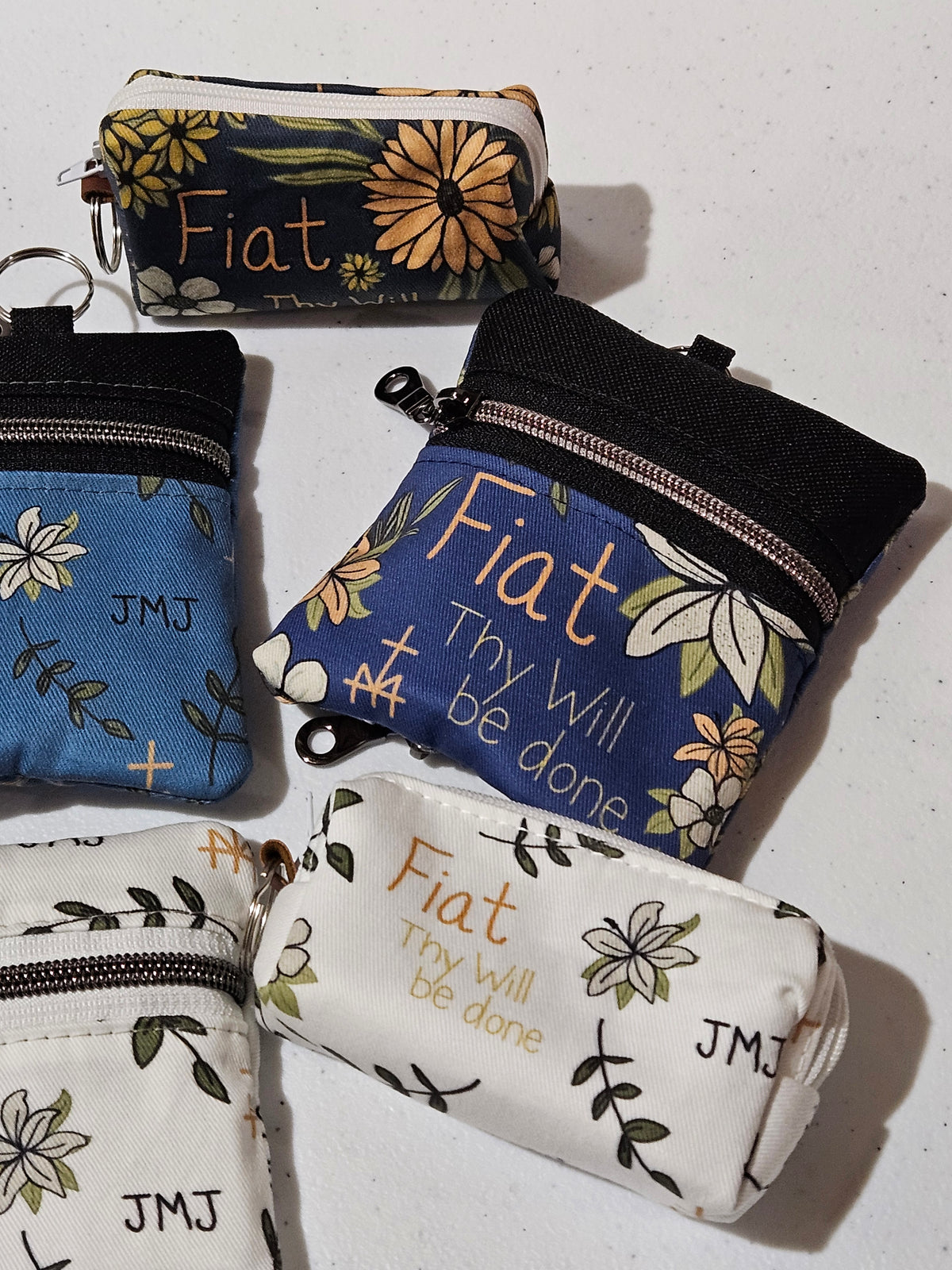 Fiat Thy Will be Done Small pouches- double zippered pouches and boxy pouches in Catholic fabrics