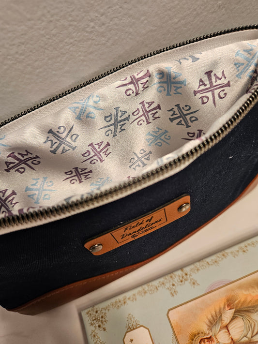 For the Greater Glory of God AMDG Navy clutch purse carry-all Catholic handmade gift