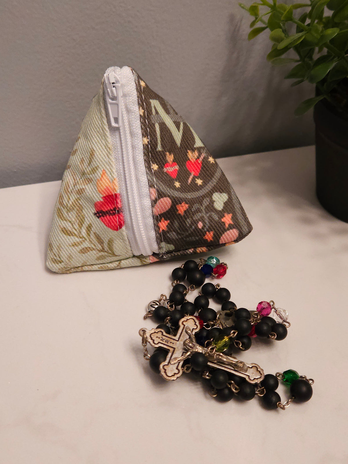 Triangle Rosary/Earbud cases featuring Catholic fabric in Marian symbols