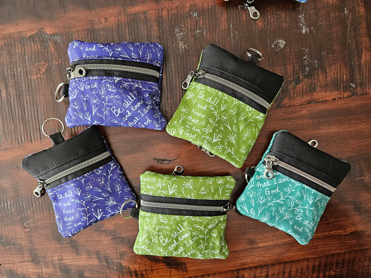 Be Still and Know that I am God small pouches- Double-sided zipper pouch and boxy pouches with keyring Christian Catholic fabric pouch