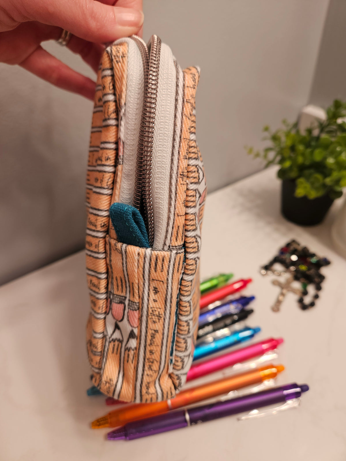 Pencil Case with Mother Teresa's "I am a Little Pencil in God's Hand" fabric 7.5x7.5 inches