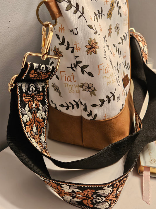 Fiat Crossbody Tote with handles White Catholic fabric handmade