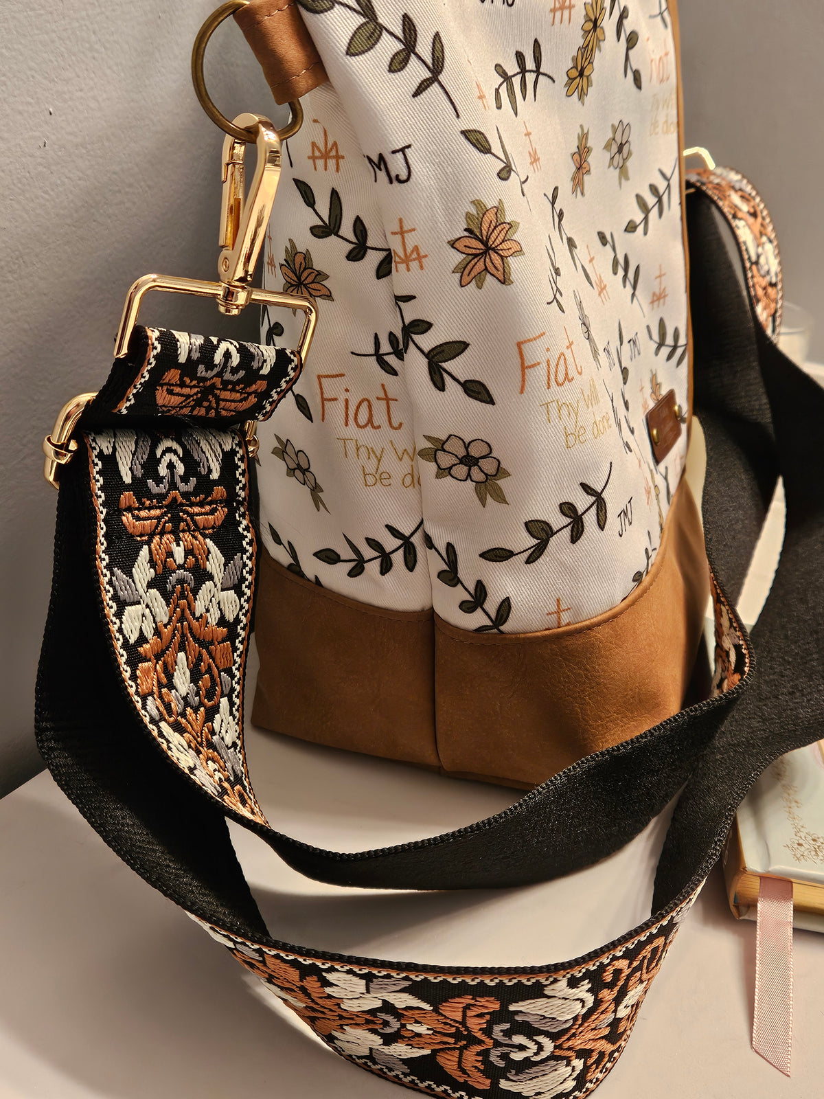 Fiat Crossbody Tote with handles White Catholic fabric handmade