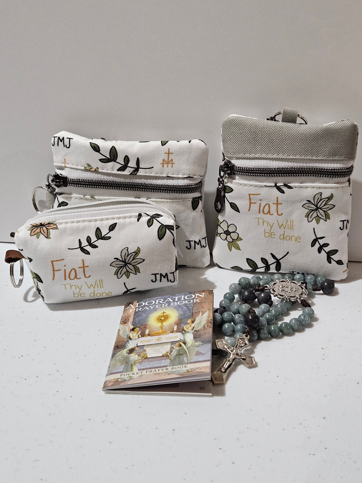 Fiat Thy Will be Done Small pouches- double zippered pouches and boxy pouches in Catholic fabrics