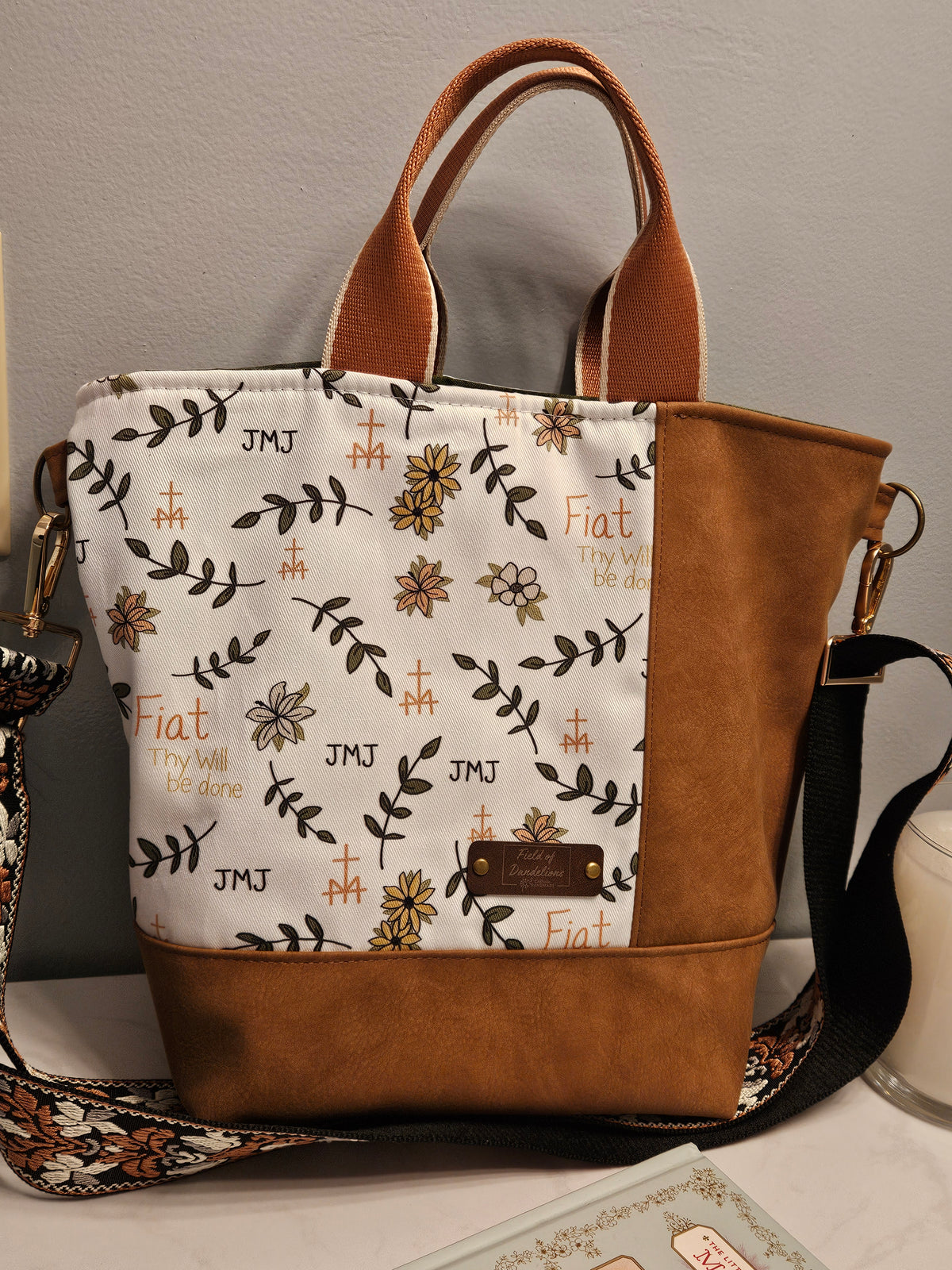 Fiat Crossbody Tote with handles White Catholic fabric handmade