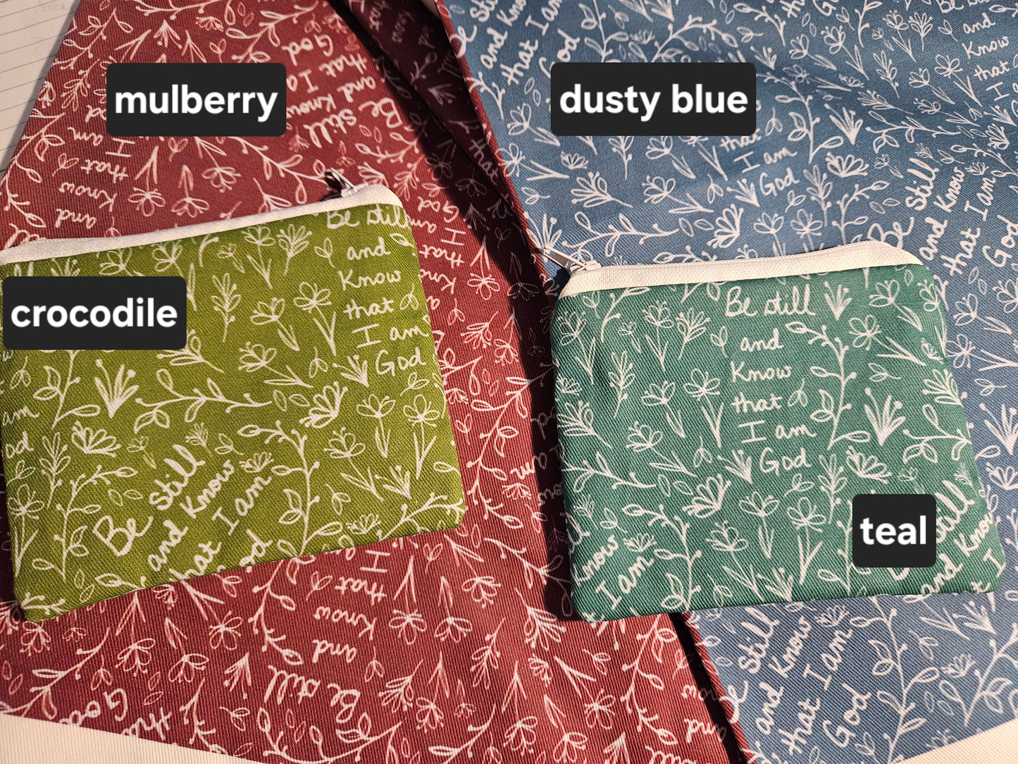Color Variety of Be Still and Know that I am God veil pouch clutches Catholic Christian fabric gift