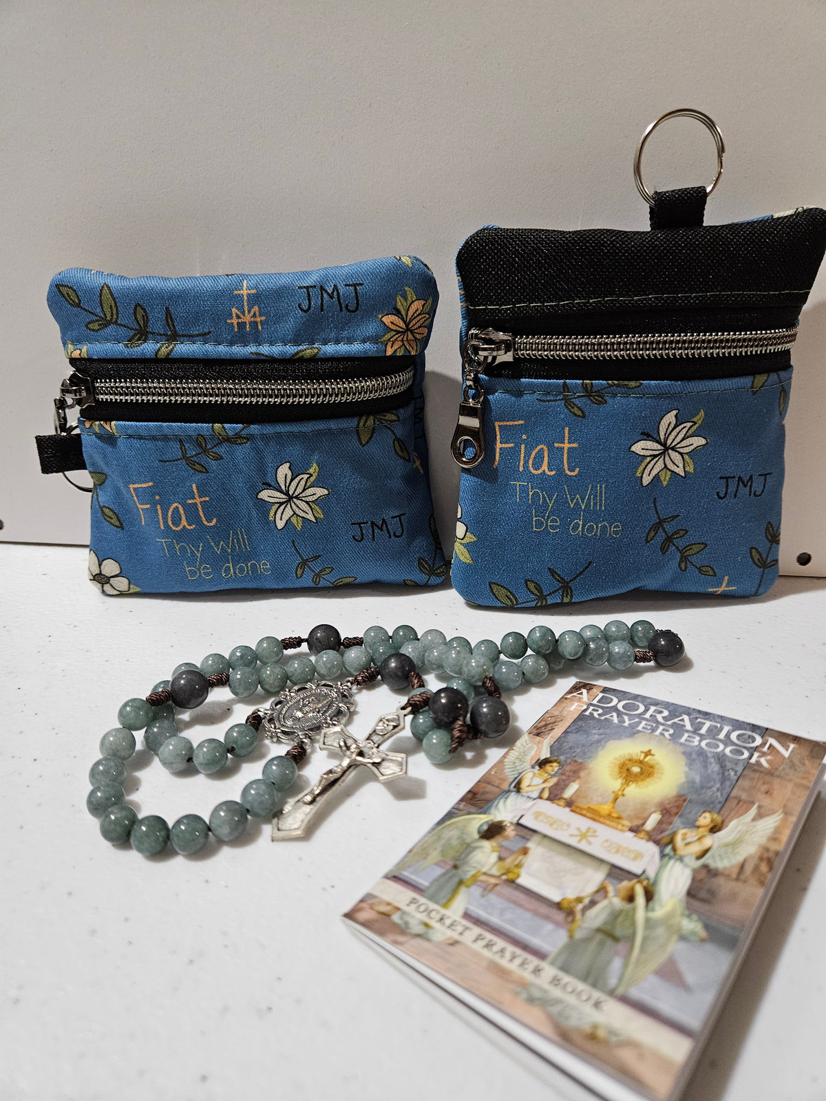 Fiat Thy Will be Done Small pouches- double zippered pouches and boxy pouches in Catholic fabrics