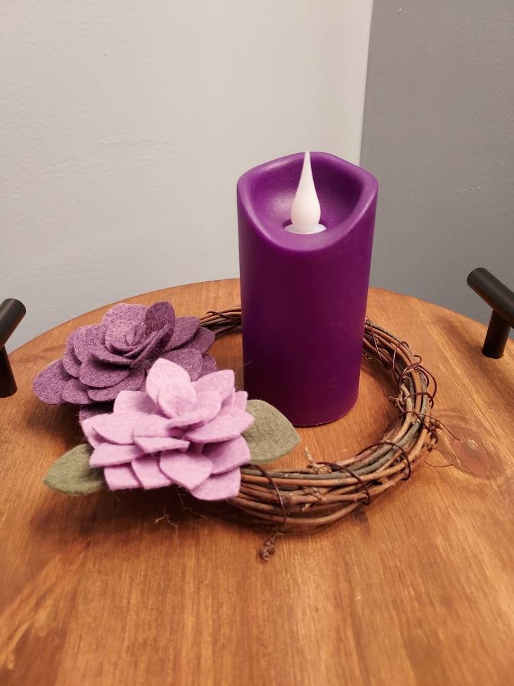 Lent wreath Purple succulent felt flower w/ flameless purple candle/Catholic Christian decor/classroom prayer table/Bible study gift/Advent