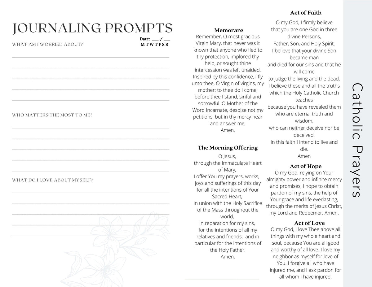 Catholic Prayer and Gratitude Journal with Writing Prompt 10 page Printable Booklet