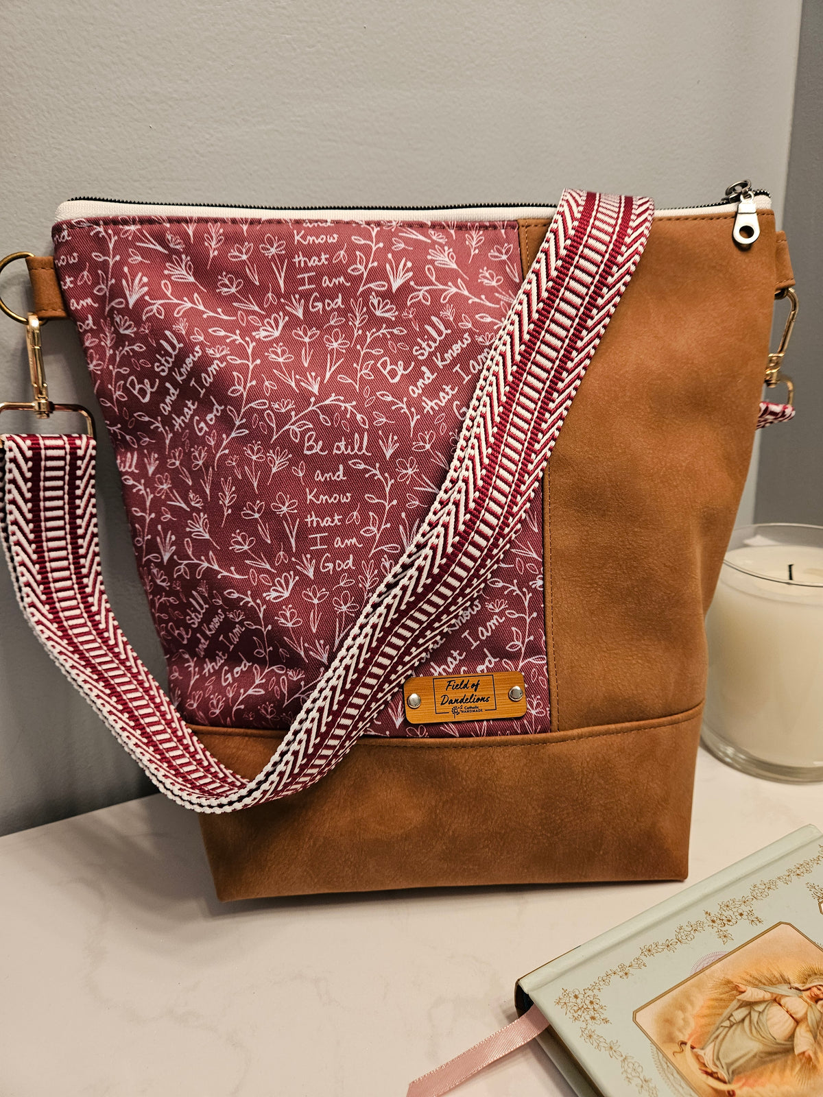 Be Still and Know that I am God Mulberry crossbody purse with adjustable strap Christian Catholic fabric