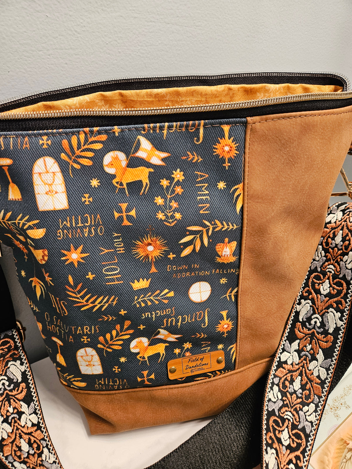 Crossbody purse with Latin prayers and Eucharistic Adoration symbols Catholic fabric bag