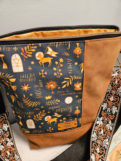 Crossbody purse with Latin prayers and Eucharistic Adoration symbols Catholic fabric bag