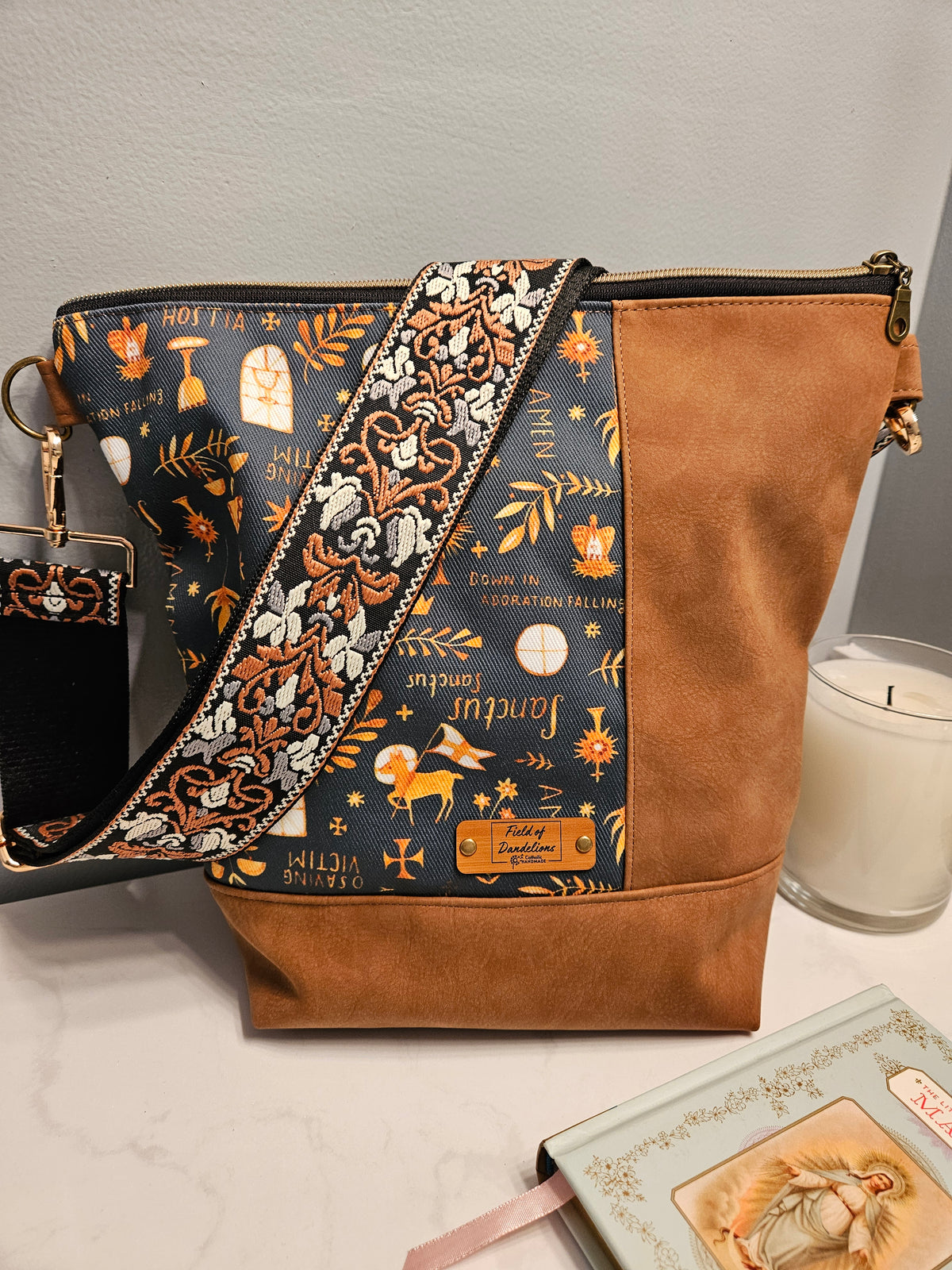 Crossbody purse with Latin prayers and Eucharistic Adoration symbols Catholic fabric bag