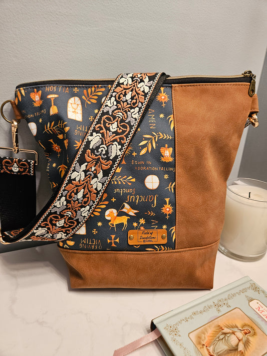Crossbody purse with Latin prayers and Eucharistic Adoration symbols Catholic fabric bag