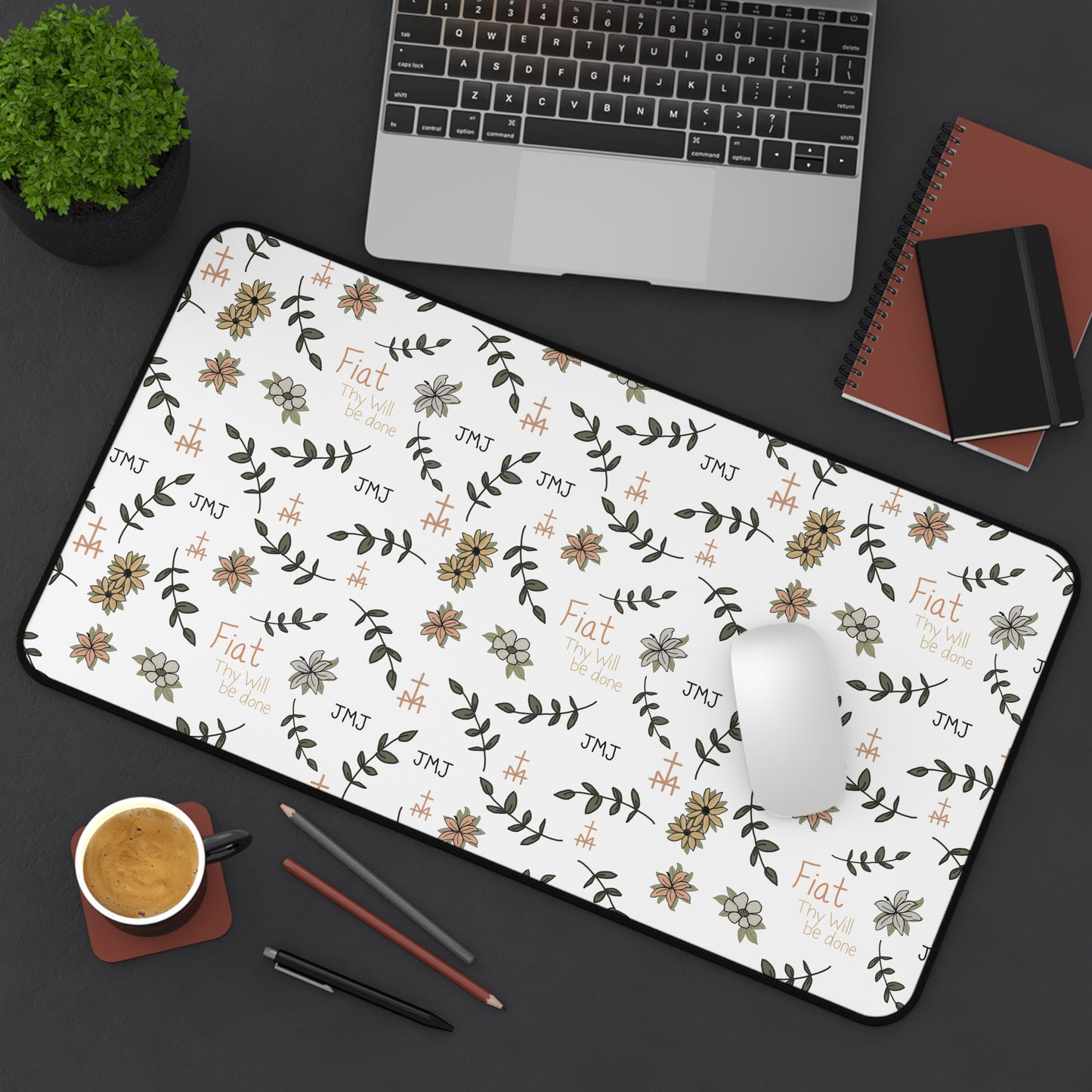 Fiat Thy Will be Done Inspirational Desk Mat - Perfect for Home Office, Modern Decor, Gift for Graduates, Motivational Message, Floral Themed