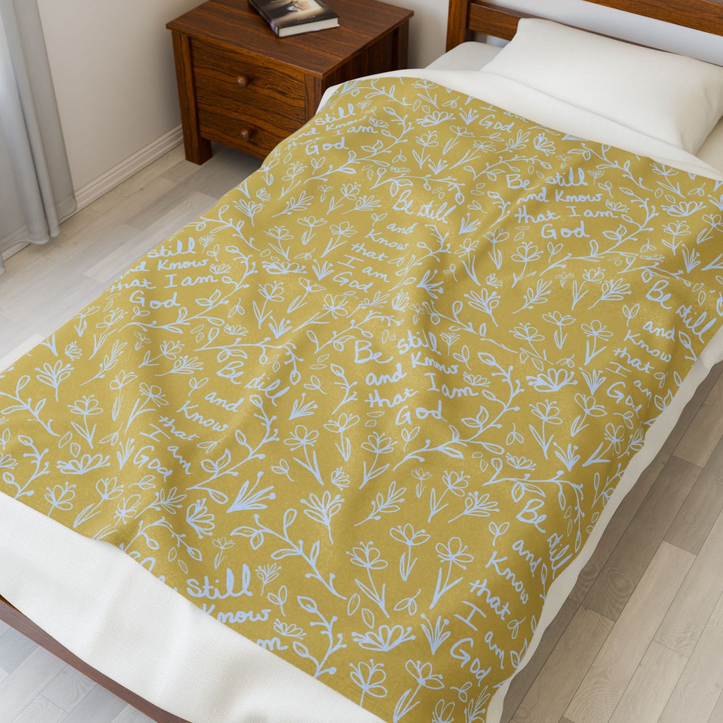Yellow Be Still and Know that I Am God Cozy Floral Velveteen Plush Blanket | Soft Throw for Home Decor, Gifts, Nursery, Baptism, or Baby Showers