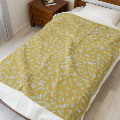 Yellow Be Still and Know that I Am God Cozy Floral Velveteen Plush Blanket | Soft Throw for Home Decor, Gifts, Nursery, Baptism, or Baby Showers
