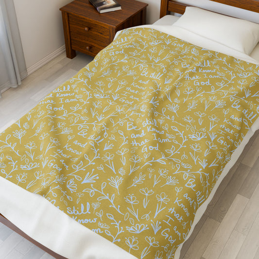 Yellow Be Still and Know that I Am God Cozy Floral Velveteen Plush Blanket | Soft Throw for Home Decor, Gifts, Nursery, Baptism, or Baby Showers