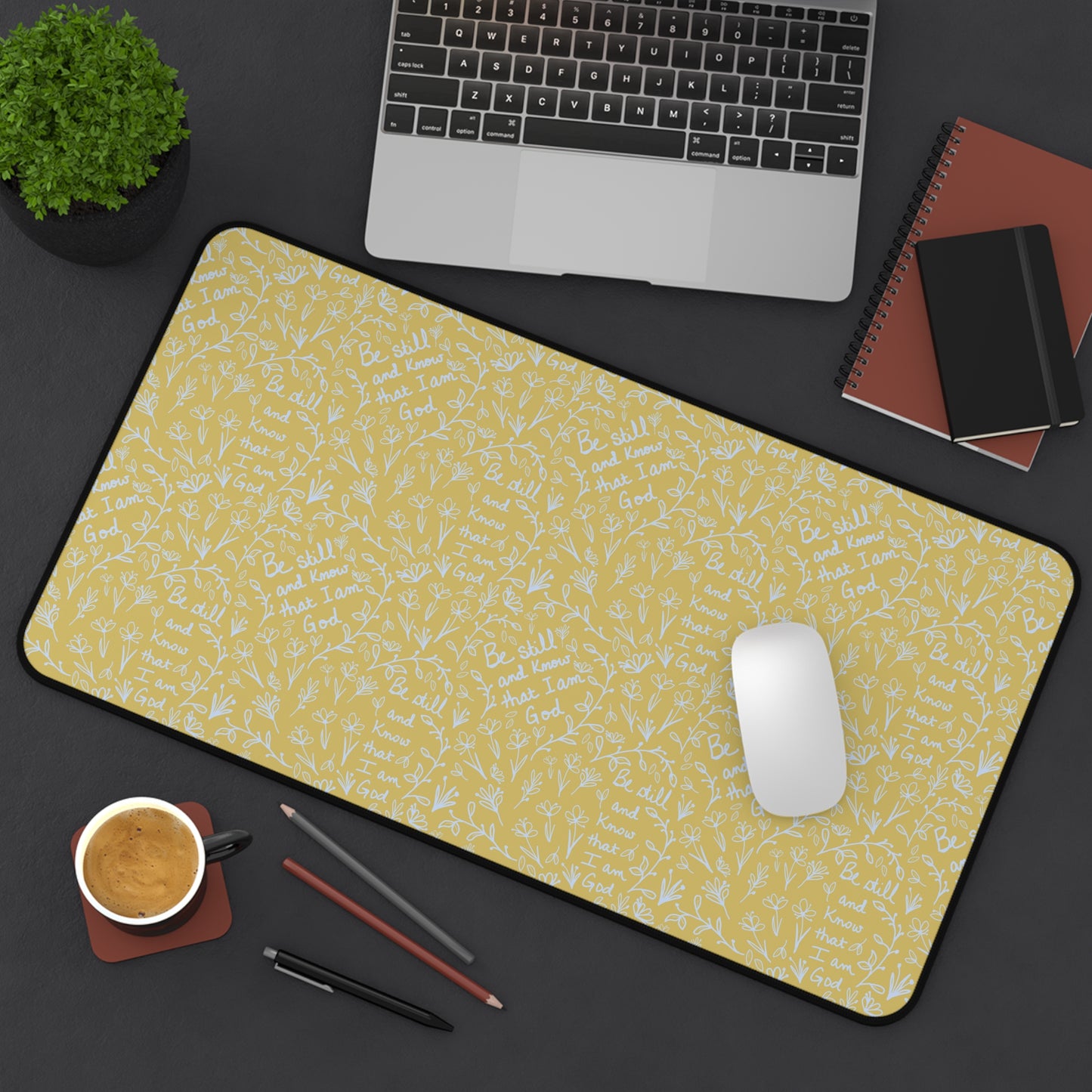 Yellow Be Still and Know that I am God Floral Inspirational Desk Mat - Perfect for Home Office, Religious Themed, Christian decor