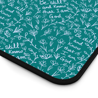 Teal Be Still and Know that I am God Floral Inspirational Desk Mat - Perfect for Home Office, Religious Themed, Christian decor