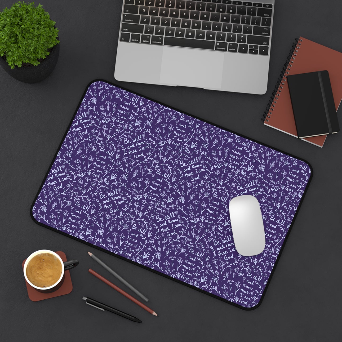 Purple Be Still and Know that I am God Floral Inspirational Desk Mat - Perfect for Home Office, Religious Themed, Christian decor