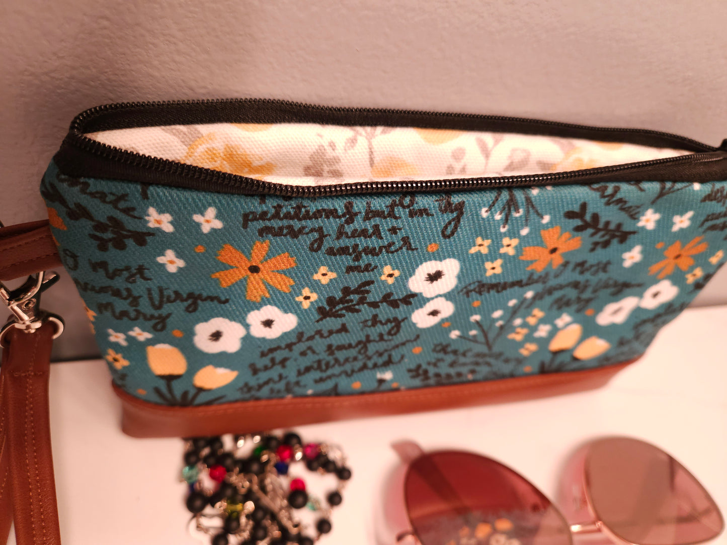 Clutch Memorare Teal Catholic Fabric Pouch with wristlet