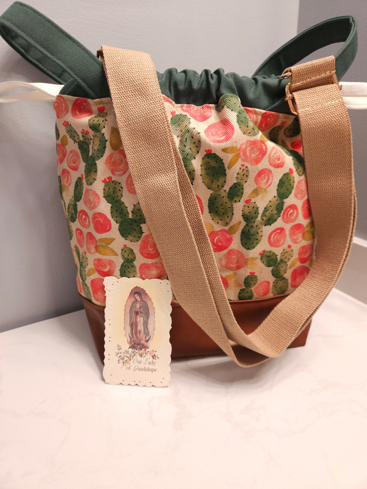 Cacti and roses Our Lady of Guadalupe Drawstring Canvas Crossbody